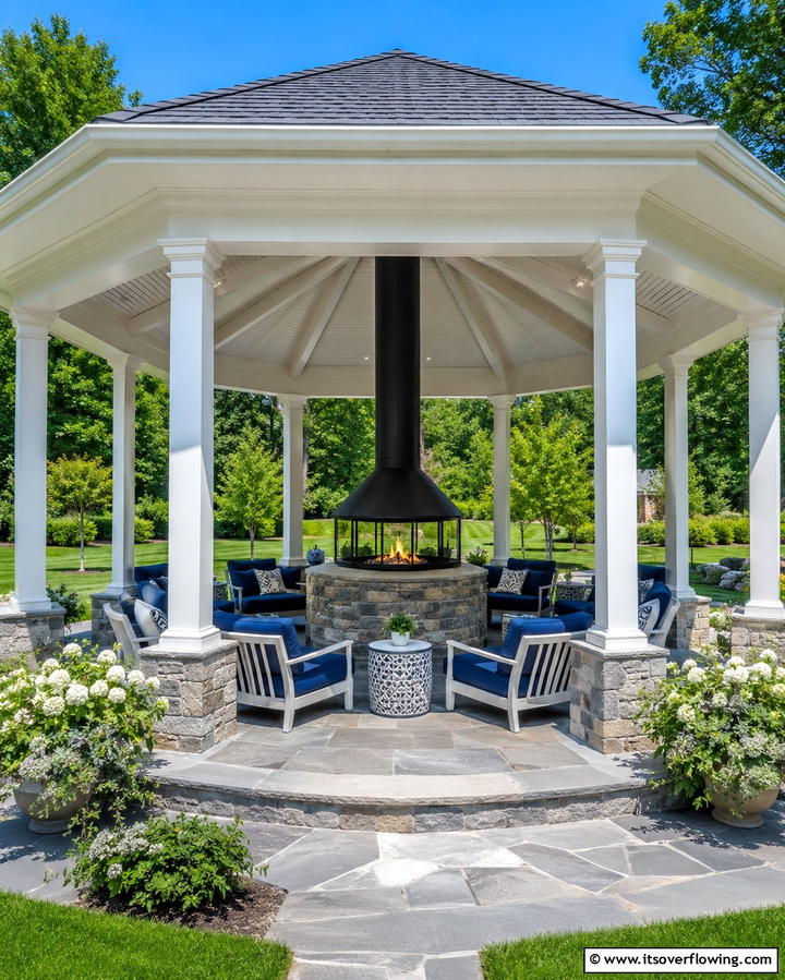 Open Concept Gazebo with Centered Fireplace - 25 Gazebo With Fireplace Ideas for Cozy Outdoor Nights
