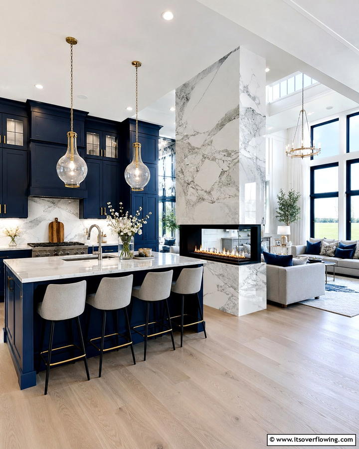 Open Concept Kitchen with a Double Sided Fireplace - 25 Kitchens With Fireplaces for a Unique Cooking Space