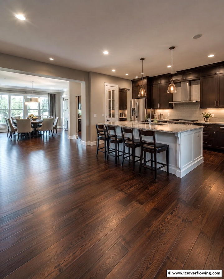Open Concept Kitchens with Cohesive Flooring - 25 Kitchen With Dark Wood Floors Ideas for Elegance