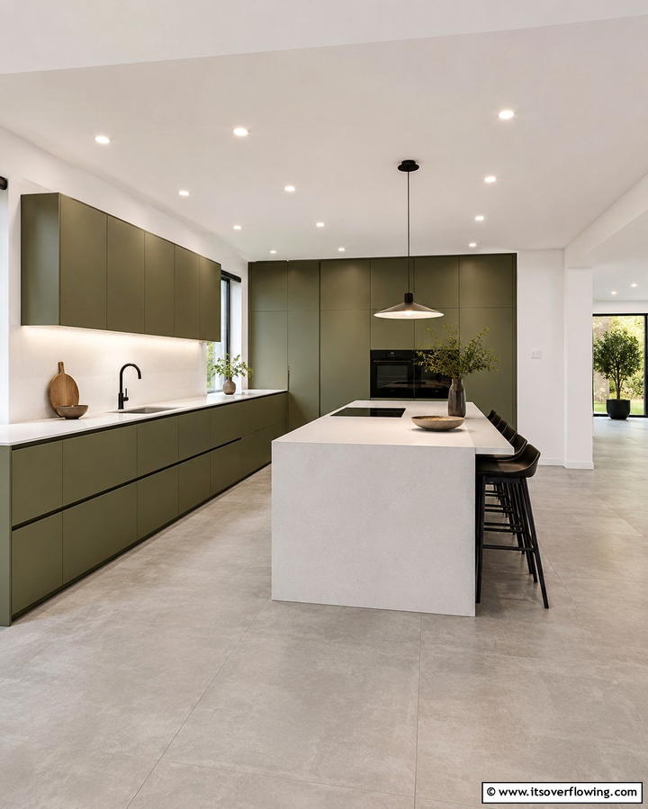 Open Concept Olive Green Space - 30 Olive Green Kitchen Designs for a Warm Cooking Space