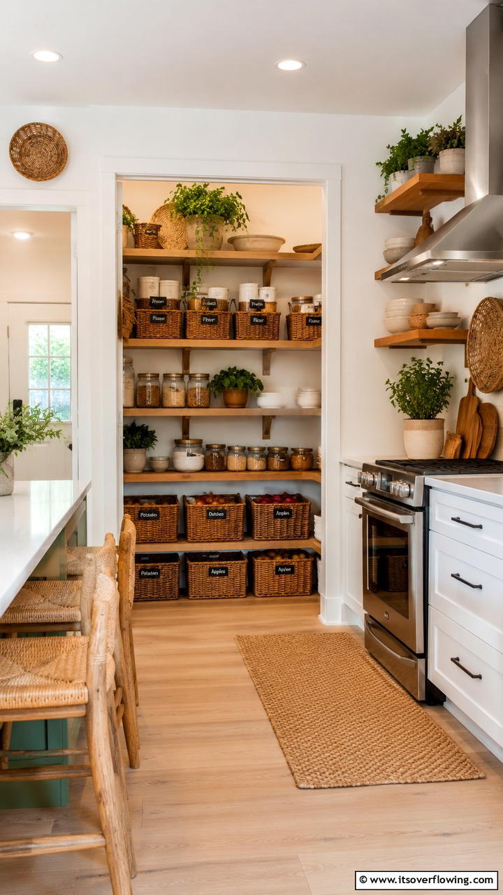 Open Concept Pantry with Baskets - 30 Corner Pantry Ideas to Maximize Kitchen Storage