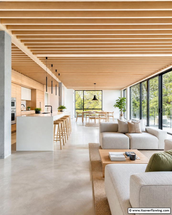 Open Concept Wood Slat Ceiling - 30 Wood Slat Ceiling Ideas for Textured Modern Interiors