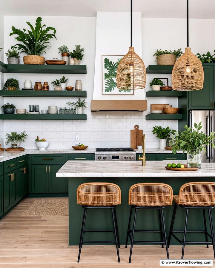 Open Jungle Green Shelving - 21 Green Kitchen Cabinet Ideas for a Vibrant Culinary Space