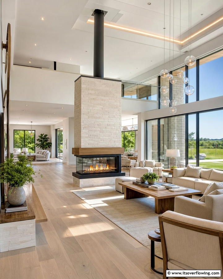 Open Plan Sunroom with Central Fireplace Focus - 30 Sunroom With Fireplace Ideas for Year-Round Comfort