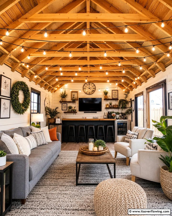 Open Rafters with String Lights - 20 Shed Ceiling Ideas to Maximize Space and Style