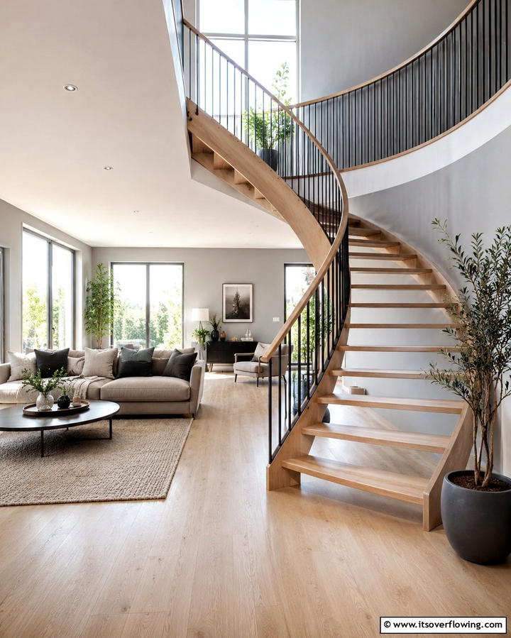 Open Riser Curved Stairs for Airy Interiors - 30 Elegant Curved Staircase Designs to Elevate Your Home’s Style