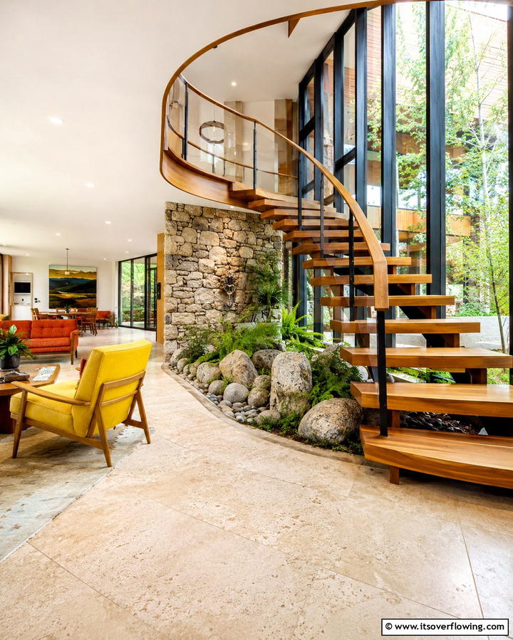 Open Riser Sophistication - 30 Elegant Curved Staircase Designs to Elevate Your Home’s Style