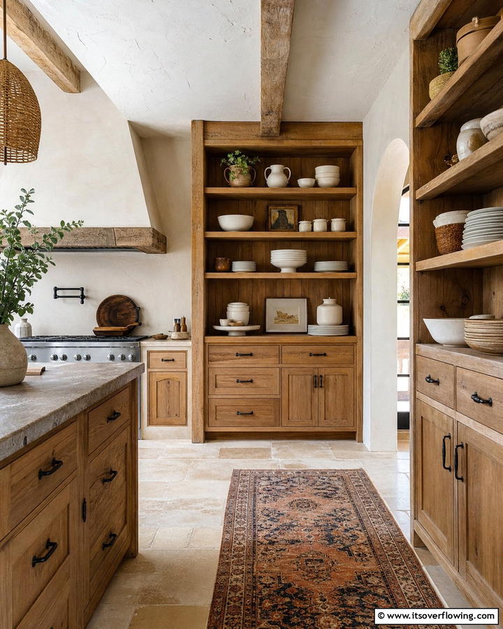 Open Rustic Wood Cabinets - 21 Mediterranean Kitchen Ideas for Warm & Inviting Vibes