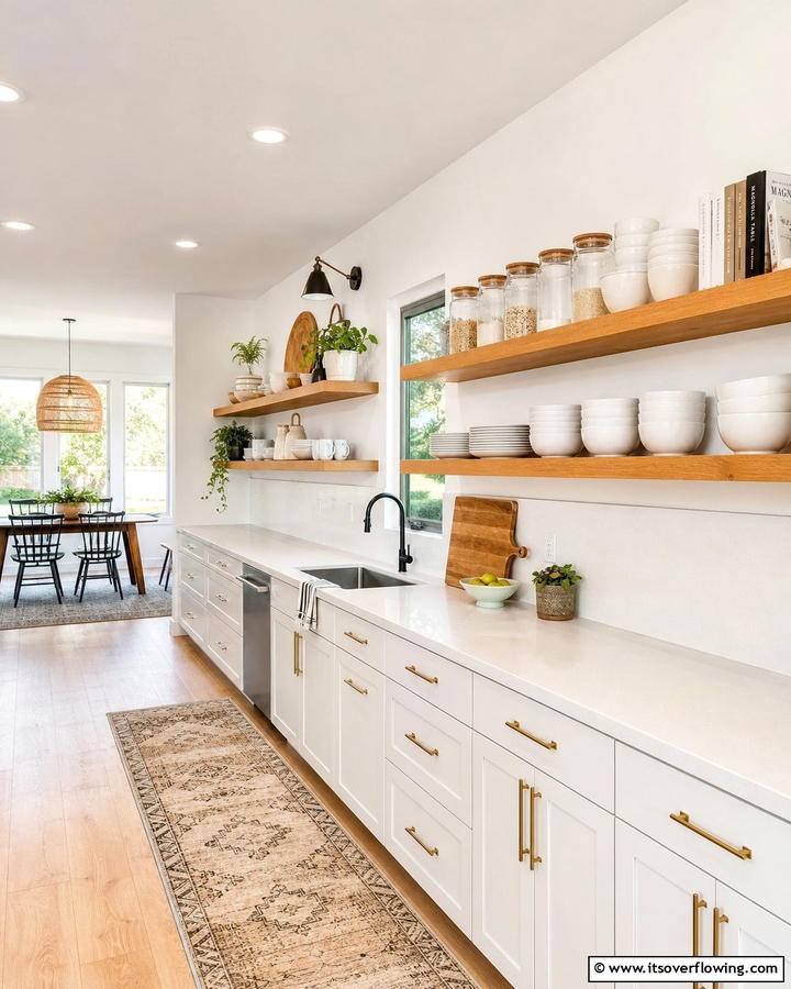 Open Shelf Organization - 30 Kitchens Without Upper Cabinets for Open Concepts