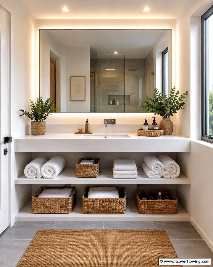 Open Shelf Vanity Display - 30 Small Bathroom Vanity Ideas for Space-Saving Style