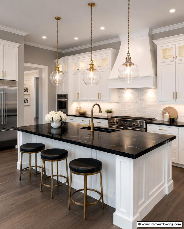 Open Shelving Accents - 25 Kitchen With White Cabinets and Black Countertops Ideas