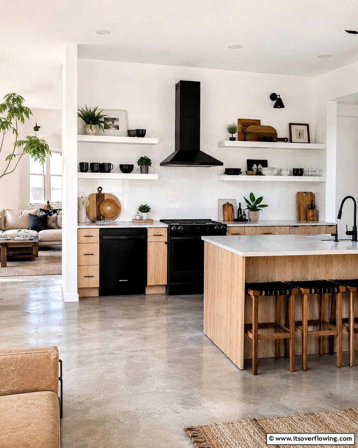 Open Shelving Accents with Black Appliances - 30 White Kitchen Designs with Bold Black Appliances