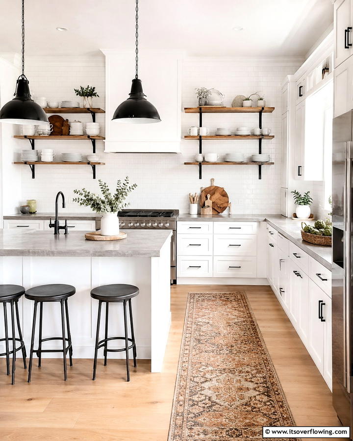 Open Shelving Accents - 20 White Kitchen Cabinets With Black Hardware Ideas