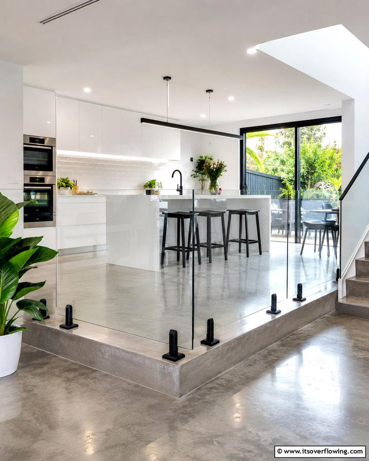 Open Shelving Along Levels - 30 Modern Split Level Kitchen Design Concepts