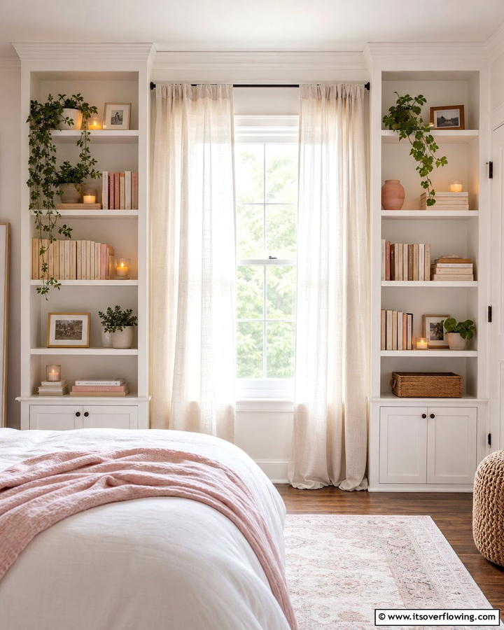 Open Shelving Around a Window with Curtains - 20 Bookcases Around Window Design Ideas- Functional Decor