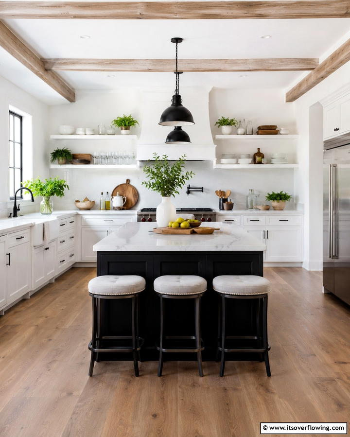 Open Shelving Display - 20 White Kitchen Ideas With Black Island for Contrast