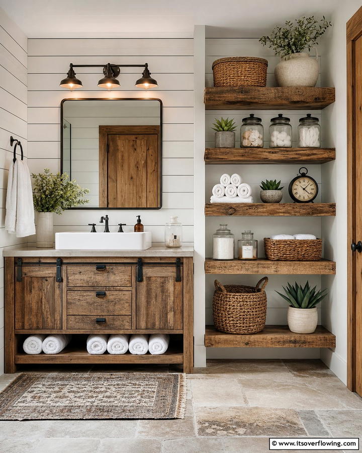 Open Shelving Display - 21 Country Bathroom Ideas with Vintage Farmhouse Charm