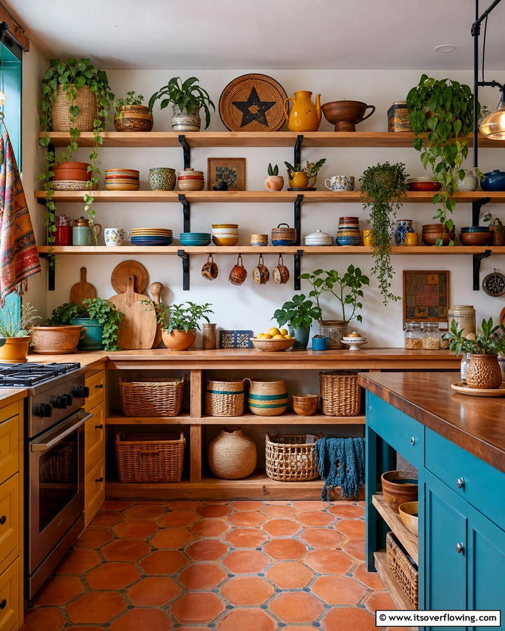 Open Shelving Display - 25 Boho Kitchen Ideas for a Cozy and Eclectic Vibe