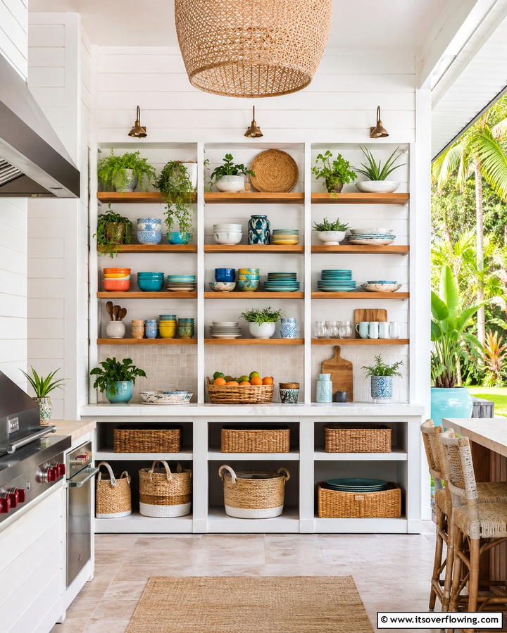 Open Shelving Display - 20 Stylish Lanai Kitchen Ideas for Indoor-Outdoor Living