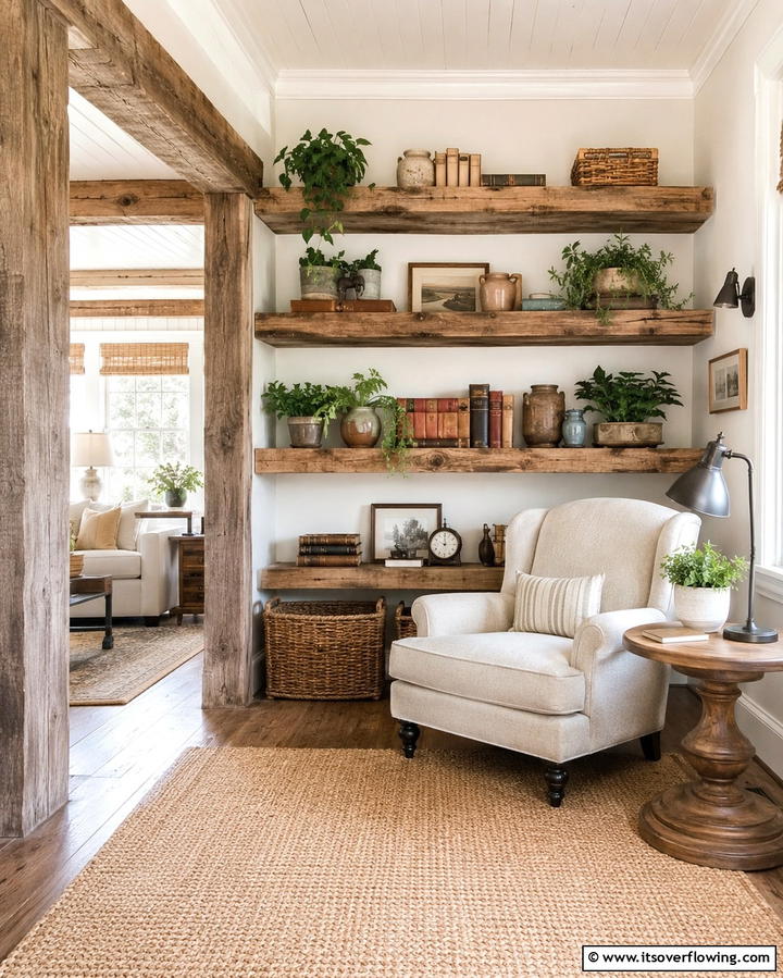 Open Shelving Displays - 25 Farmhouse Living Room Ideas for a Rustic Charm