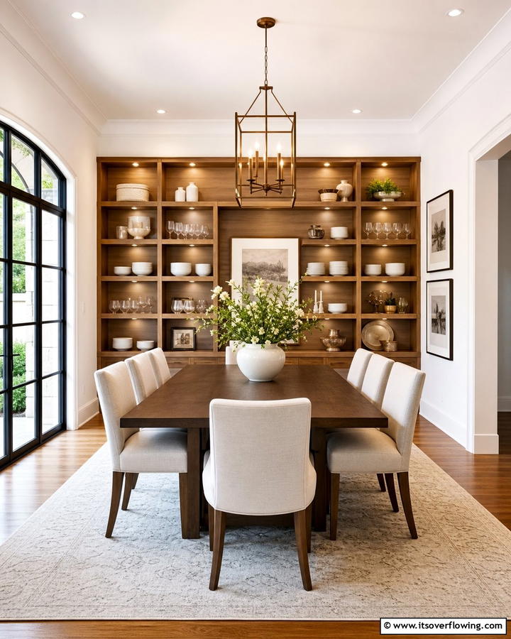 Open Shelving Displays - 30 Transitional Dining Room Ideas Blending Modern and Classic