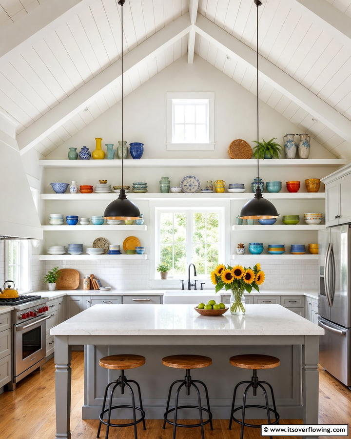 Open Shelving Integration - 25 Vaulted Ceiling Kitchen Ideas for a Spacious Feel