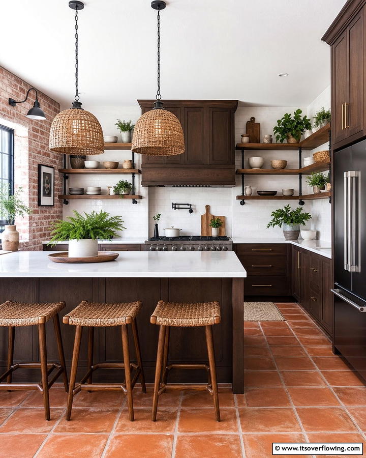 Open Shelving Integration - 30 Dark Wood Kitchen Cabinet Designs for Classic Style
