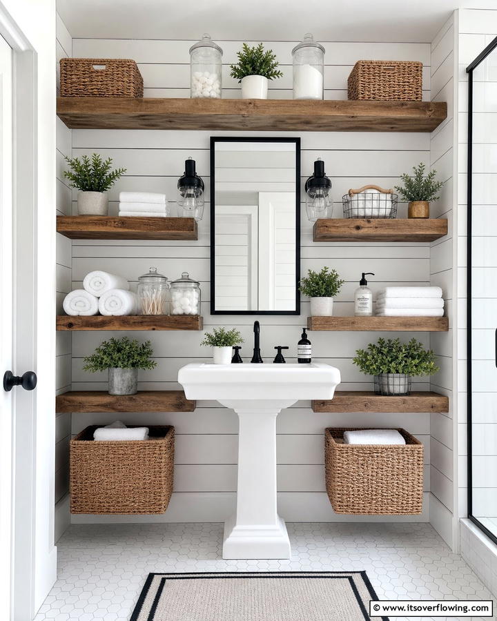 Open Shelving Storage - 21 Modern Farmhouse Bathroom Ideas Blending Rustic Charm