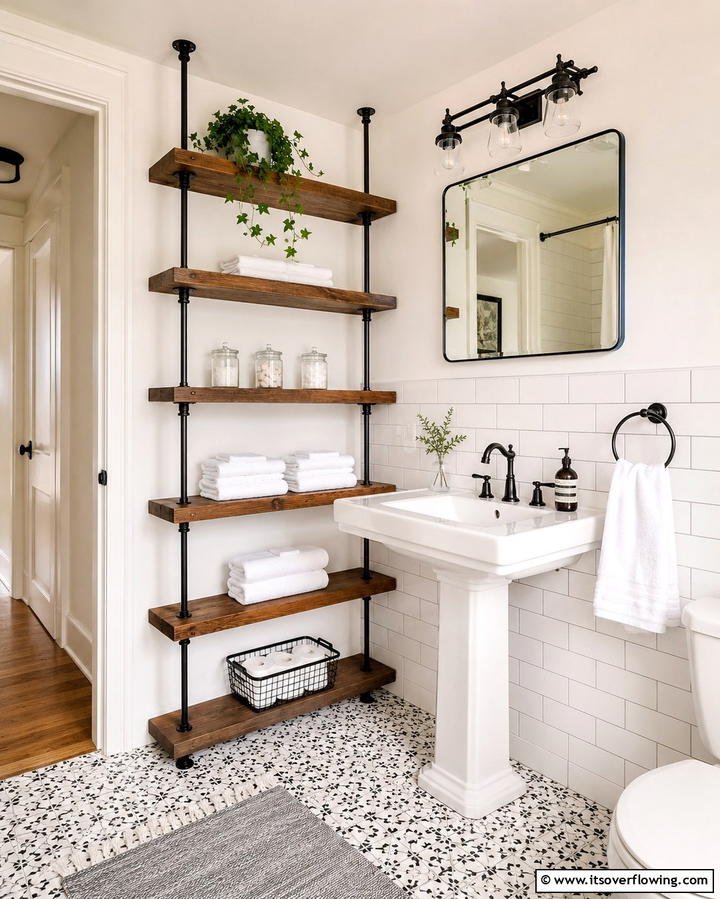 Open Shelving Units - 25 Hall Bathroom Ideas for Small and Functional Spaces