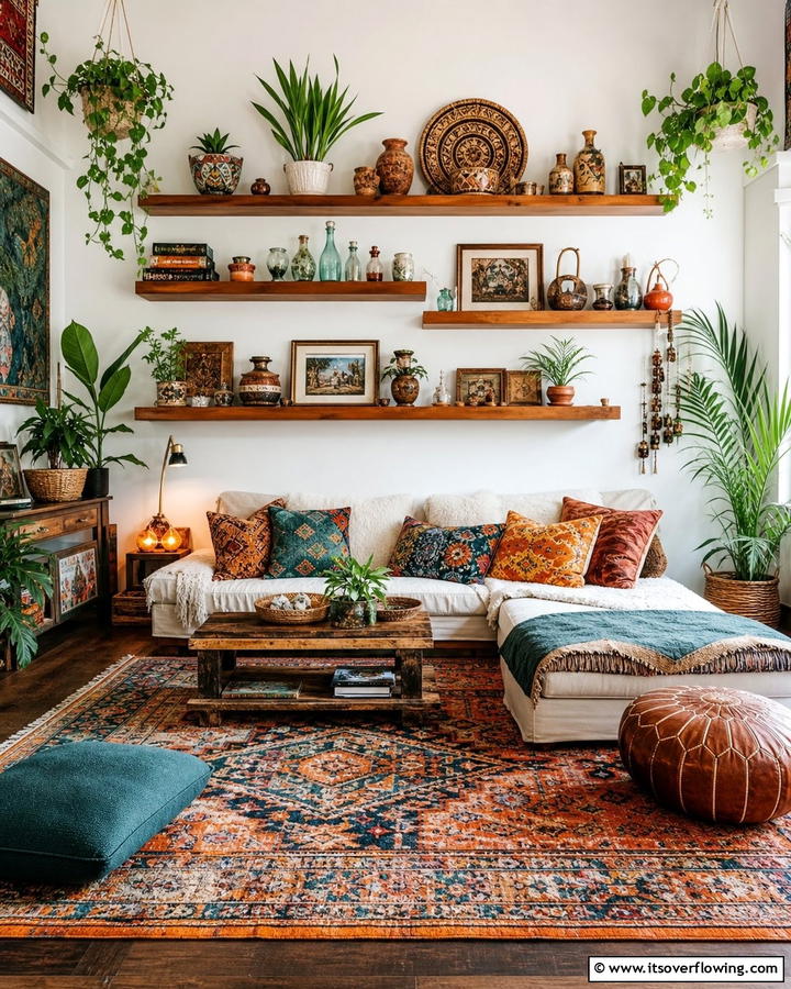 Open Shelving for Collectibles - 20 Gypsy Bohemian Living Room Ideas for Free Spirits