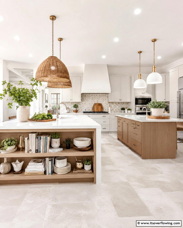 Open Shelving for Display - 25 Double Island Kitchen Ideas for Spacious Cooking