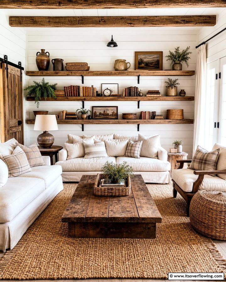 Open Shelving for Display and Functionality - 20 Primitive Living Room Ideas for a Rustic Look