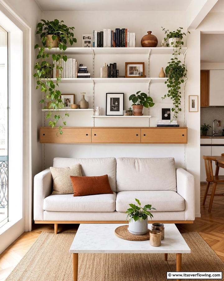 Open Shelving for Display and Storage - 25 Budget Apartment Living Room Ideas for Small Spaces