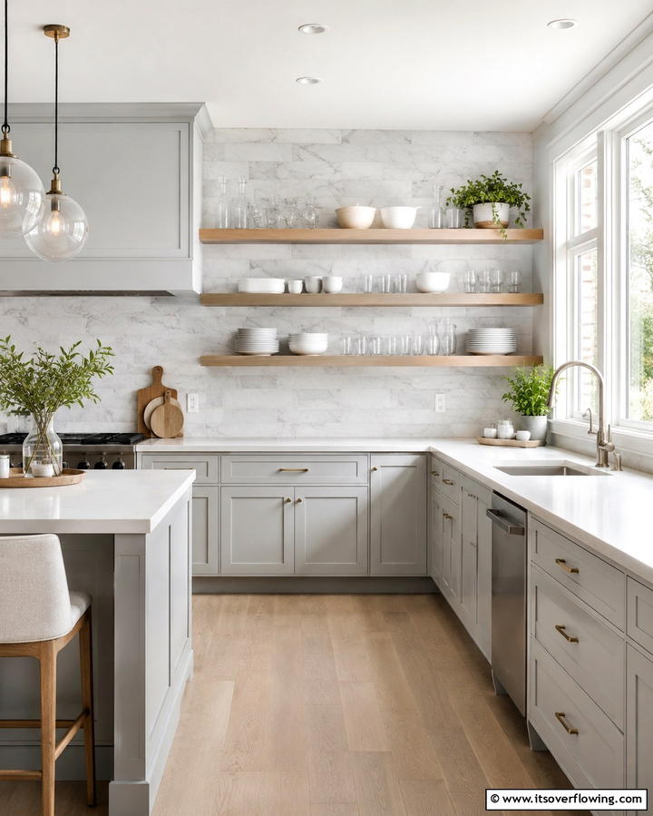 Open Shelving for Display and Storage - 25 Transitional Kitchen Ideas for Modern Homes