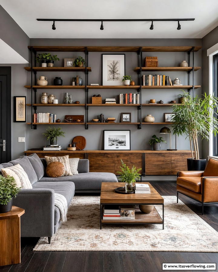 Open Shelving for Display and Storage - 30 Grey Living Room & Dark Wood Floor Design Combinations