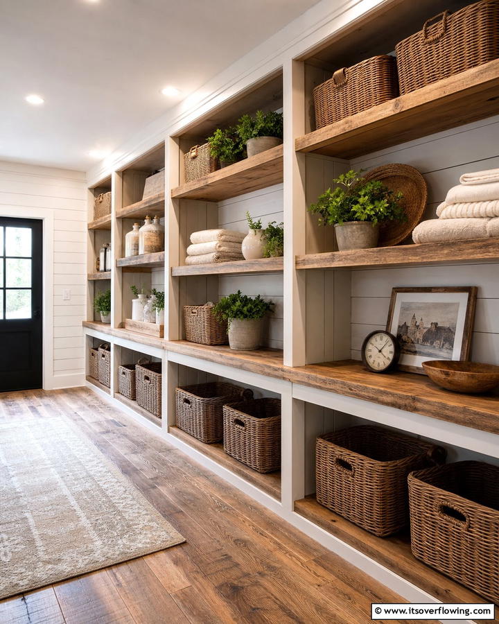 Open Shelving for Display and Storage - 20 Farmhouse Mudroom Ideas for a Rustic Entryway