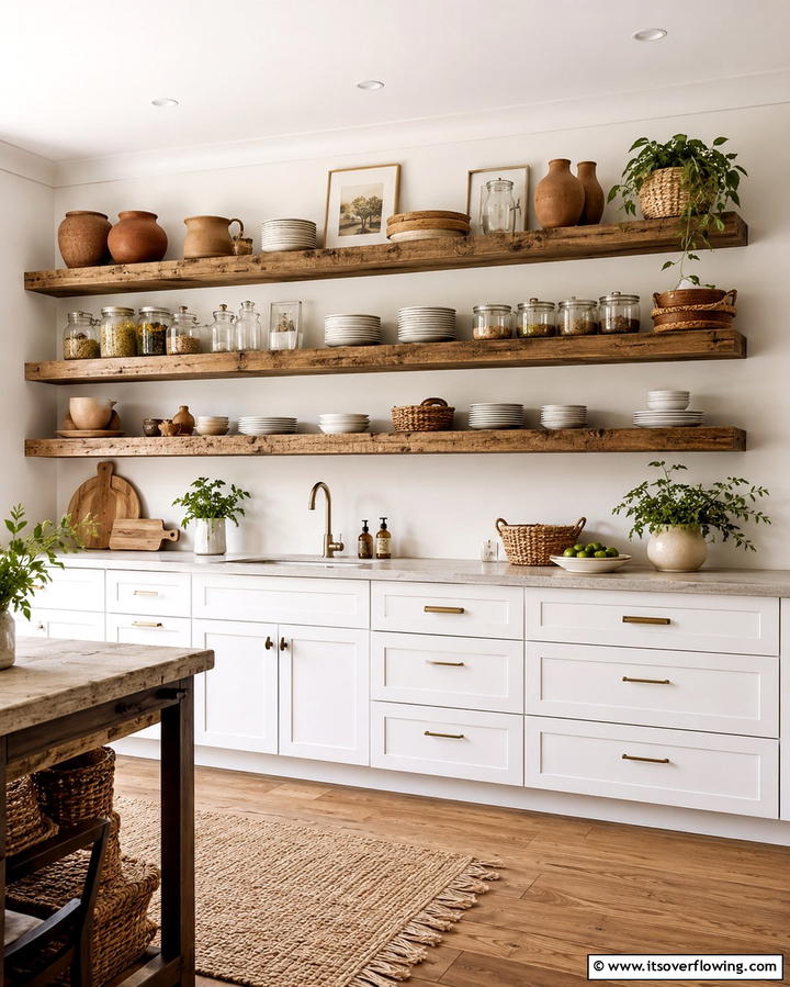 Open Shelving for DisplayExact - 30 Charming White Farmhouse Kitchen Inspirations