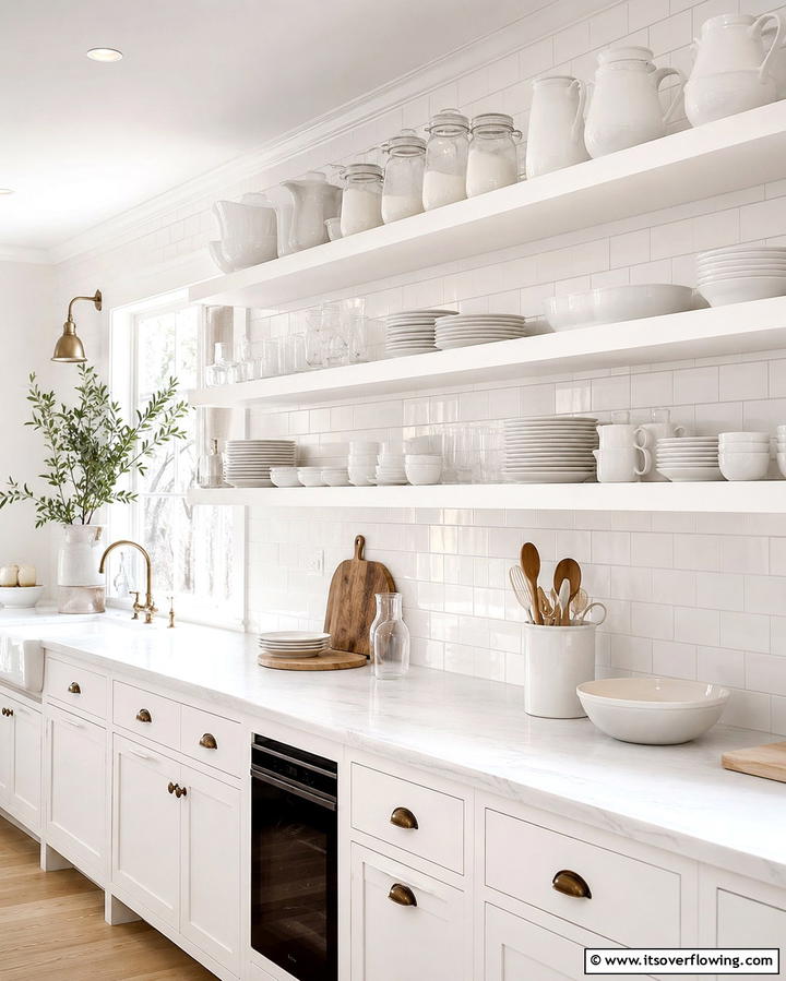 Open Shelving for DisplayOne - 30 Charming White Farmhouse Kitchen Inspirations