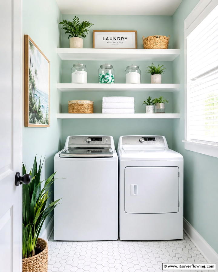 Open Shelving for Easy Access - 20 Small Laundry Room Ideas With a Top Load Washing Machine