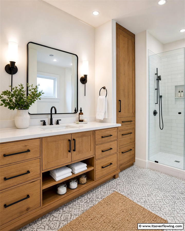 Open Shelving for Easy Access - 20 Wood Bathroom Vanity Ideas for a Warm Look