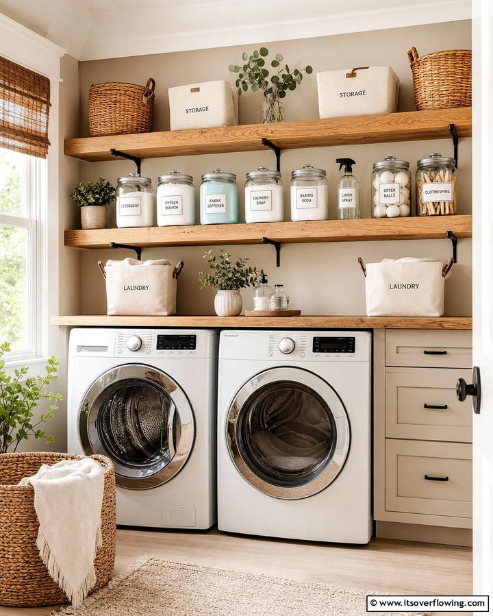 Open Shelving for Easy Access - 25 Farmhouse Laundry Room Ideas for Function and Style