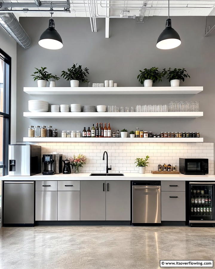 Open Shelving for Essentials - 20 Office Kitchen Ideas to Maximize Your Workspace