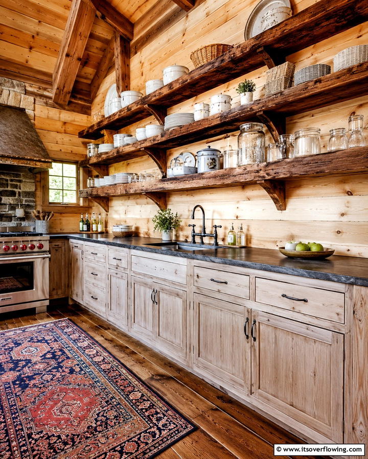 Open Shelving for Functional Elegance - 25 Log Cabin Kitchen Design Ideas for a Rustic Look