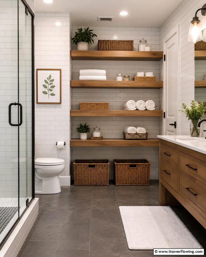 Open Shelving for Practical Storage - 25 Scandinavian Bathroom Ideas for a Minimalist and Cozy Space