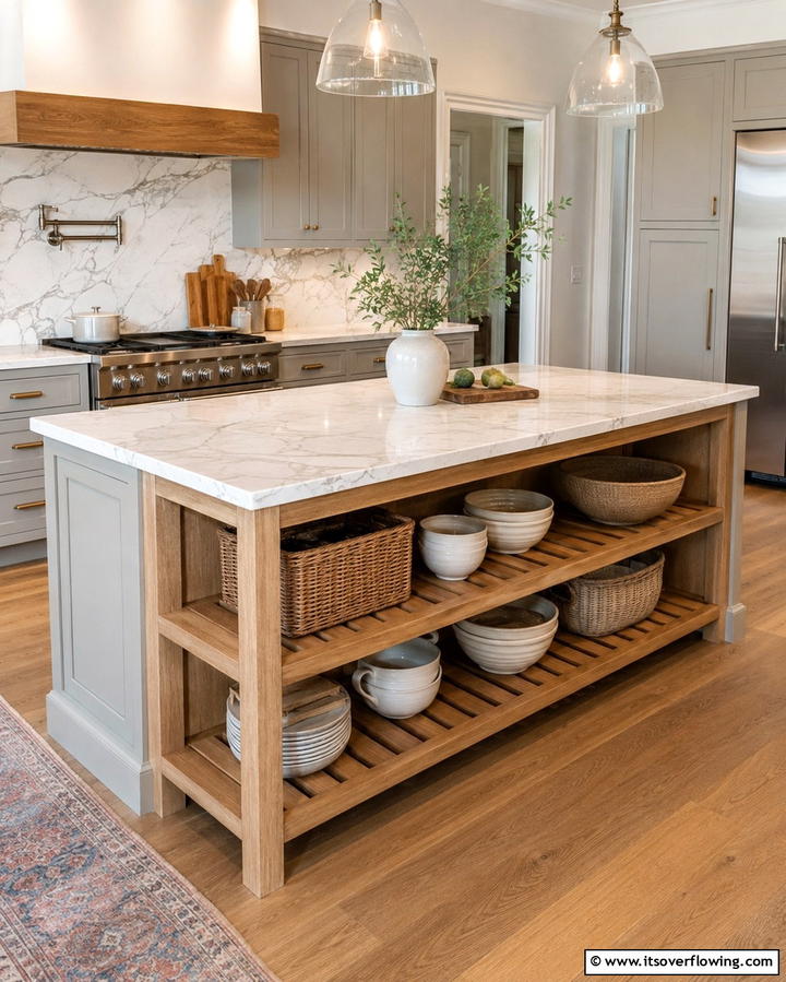 Open Shelving for Storage - 25 Farmhouse Kitchen Island Ideas for Rustic Charm