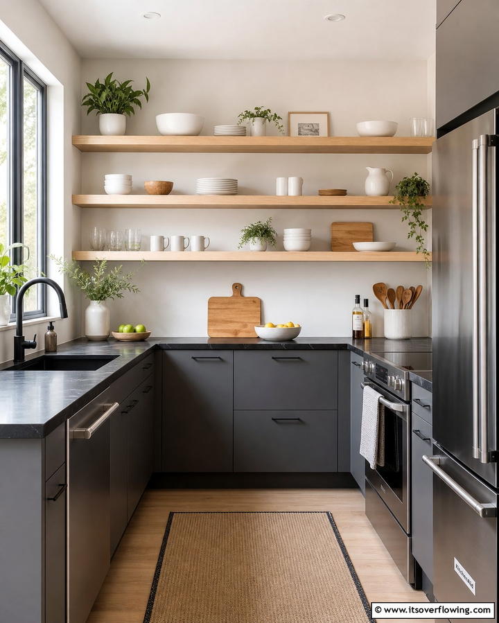 Open Shelving for Visual Balance - 25 Kitchen Ideas with Gray Cabinets and Black Countertops