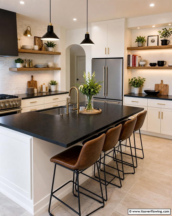 Open Shelving for Visual Balance - 20 Kitchen Ideas with Dark Countertops and Light Cabinets