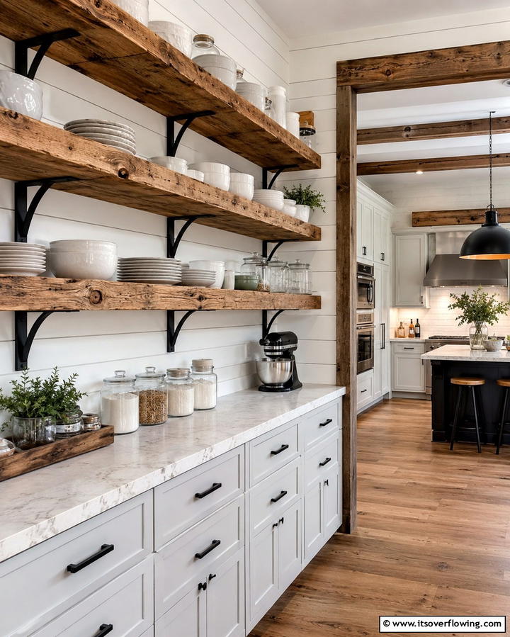 Open Shelving for a Farmhouse Feel - 25 Rustic Barndominium Interior Design Ideas