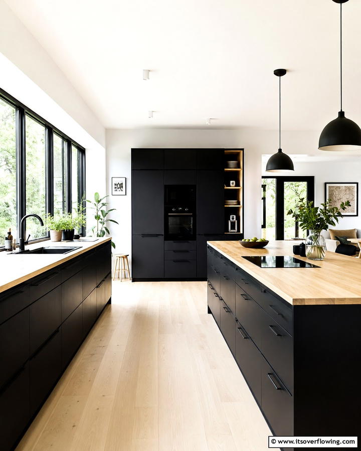 Open Shelving for a Lightened Look - 25 Kitchen With Black Cabinets And Wood Countertops Ideas