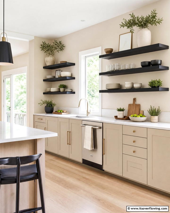 Open Shelving in Black with Beige Background - 20 Black and Beige Kitchen Ideas for a Timeless Look